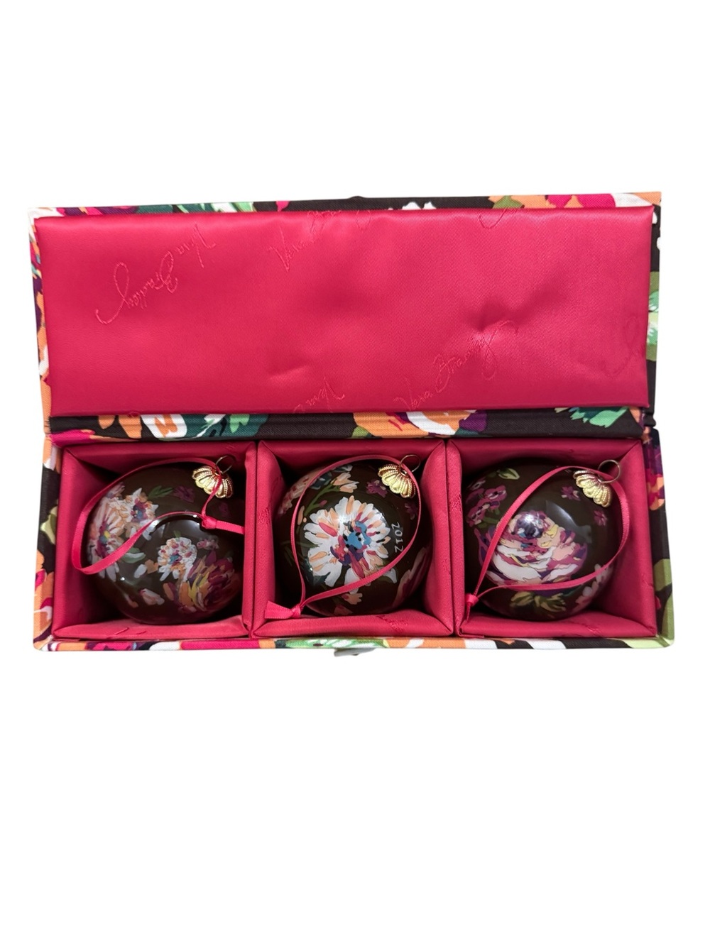 Vera Bradley Set of 3 Glass 2012 Christmas Ornaments & Matching Box